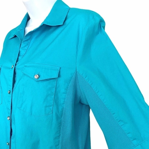 Blue Cotton Button Down Shirt Sz Large Stretch Casual Minimalist Modest - Picture 3 of 13